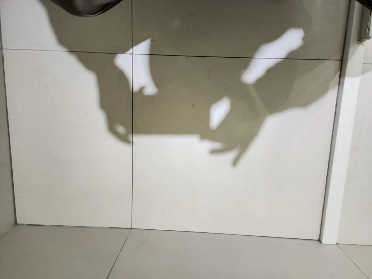 화장실 타일 부분 보수 — 새 타일로 바꾼 샤워 공간 앞 바닥